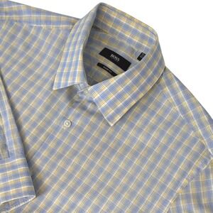 Hugo Boss Mens Sz 15.5 34/35 Sharp Fit Dress Shirt Blue Yellow Plaid Long Sleeve